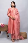 Kalakaari By Sagarika_Peach Cotton, Chanderi Silk Plain V Neck Straight Kurta Set_Online_at_Aza_Fashions