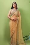 Buy_Prevasu_Gold Net/tulle Embroidery Sequins V Neck Saree With Blouse  _at_Aza_Fashions