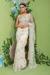 Buy_Prevasu_Off White Net/tulle Embroidery Thread Work V Neck Saree With Blouse  _at_Aza_Fashions