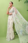 Prevasu_Off White Net/tulle Embroidery Thread Work V Neck Saree With Blouse  _Online_at_Aza_Fashions