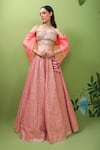 Buy_Prevasu_Coral Lehenga Raw Silk Embroidery Sequins With Strapless Blouse  _at_Aza_Fashions