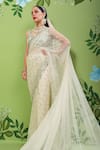 Shop_Prevasu_Off White Net/tulle Embroidery Sequins V Neck Saree With Blouse _Online_at_Aza_Fashions