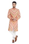 Buy_Para_Multi Color Slub Silk Printed Chevron Sherwani And Pant Set  _at_Aza_Fashions