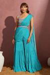 Buy_Aneesh Agarwaal_Blue Organza, Chiffon Geometric Scoop Neck Printed Sharara Saree With Blouse _at_Aza_Fashions
