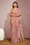 Buy_Aneesh Agarwaal_Beige Chiffon Printed Floral Square Neck Pre-draped Saree With Blouse _at_Aza_Fashions