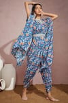 Buy_Aneesh Agarwaal_Blue Habutai Silk Floral Print Round Cowl Jumpsuit With Cape _at_Aza_Fashions