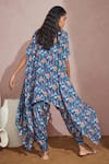 Shop_Aneesh Agarwaal_Blue Habutai Silk Floral Print Round Cowl Jumpsuit With Cape _at_Aza_Fashions