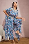 Buy_Aneesh Agarwaal_Blue Habutai Silk Floral Print Round Cowl Jumpsuit With Cape _Online_at_Aza_Fashions