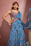 Shop_Aneesh Agarwaal_Blue Organza, Chiffon Floral Leaf Neck Printed Sharara Saree With Blouse _Online_at_Aza_Fashions