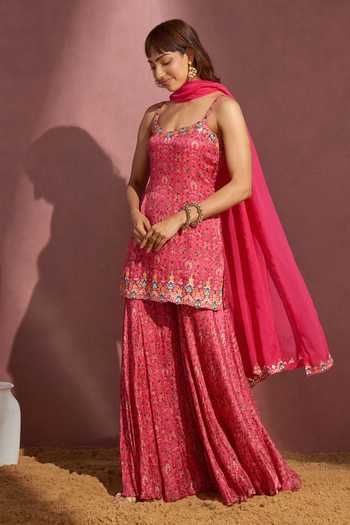 Buy_Aneesh Agarwaal_Pink Chiffon And Organza Floral Print, Mirror & Thread Scoop Kurta Sharara Set _at_Aza_Fashions