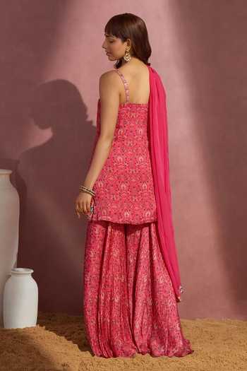 Shop_Aneesh Agarwaal_Pink Chiffon And Organza Floral Print, Mirror & Thread Scoop Kurta Sharara Set _at_Aza_Fashions
