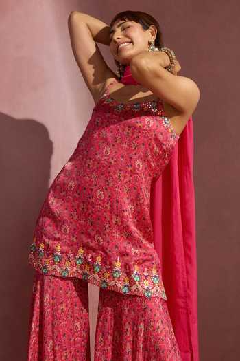 Aneesh Agarwaal_Pink Chiffon And Organza Floral Print, Mirror & Thread Scoop Kurta Sharara Set _Online_at_Aza_Fashions