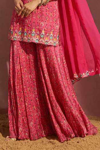 Buy_Aneesh Agarwaal_Pink Chiffon And Organza Floral Print, Mirror & Thread Scoop Kurta Sharara Set _Online_at_Aza_Fashions