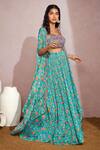 Aneesh Agarwaal_Blue Chiffon And Organza Floral Print, Mirror & Thread Scoop Neck Cape Lehenga Set _Online_at_Aza_Fashions