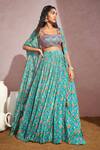 Buy_Aneesh Agarwaal_Blue Chiffon And Organza Floral Print, Mirror & Thread Scoop Neck Cape Lehenga Set _at_Aza_Fashions