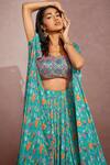 Shop_Aneesh Agarwaal_Blue Chiffon And Organza Floral Print, Mirror & Thread Scoop Neck Cape Lehenga Set _Online_at_Aza_Fashions