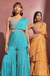 Shop_Aneesh Agarwaal_Yellow Organza And Net Print & Embroidery Floral Pre-draped Saree With Blouse _Online_at_Aza_Fashions