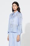 Shop Meadow Blue Silk Cotton Organza Spread Collar Shirt And Pant Set at Aza Fashions Shop_Meadow_Blue Silk Cotton Organza Spread Collar Shirt And Pant Set _at_Aza_Fashions
