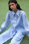 Meadow Blue Silk Cotton Organza Spread Collar Shirt And Pant Set Online at Aza Fashions Meadow_Blue Silk Cotton Organza Spread Collar Shirt And Pant Set _Online_at_Aza_Fashions
