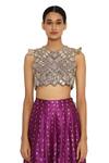Shop Payal Singhal Purple Silk, Georgette Geometric, Bandhani Round Overlay Low Crotch Pant Set Online at Aza Fashions Shop_Payal Singhal_Purple Silk, Georgette Geometric, Bandhani Round Overlay Low Crotch Pant Set _Online_at_Aza_Fashions