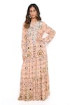 Buy_Payal Singhal_Peach Art Georgette And Embroidery Diamond V Neck Tiered Gown _at_Aza_Fashions