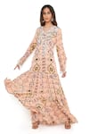 Payal Singhal_Peach Art Georgette And Embroidery Diamond V Neck Tiered Gown _Online_at_Aza_Fashions