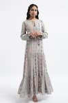 Buy_PS Pret by Payal Singhal_Grey Art Georgette Printed Ikat Stripe Motif Round Tiered Dress  _at_Aza_Fashions