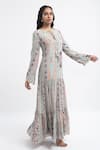 PS Pret by Payal Singhal_Grey Art Georgette Printed Ikat Stripe Motif Round Tiered Dress  _Online_at_Aza_Fashions