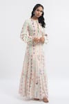 PS Pret by Payal Singhal_Beige Art Georgette Printed Ikat Stripe Motifs Round Dress  _Online_at_Aza_Fashions