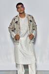 Shop_PS Men by Payal Singhal_Off White Georgette Embroidery Lotus Raj Jacket And Kurta Set For Men_Online