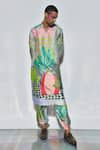 Buy_PS Men by Payal Singhal_Green Dupion Silk Printed Tropical Wanderlust Kurta Set _Online