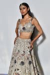 Buy_Payal Singhal_Pink Georgette Embroidery Thread And Mukaish V Neck Lotus Bridal Lehenga Set _at_Aza_Fashions