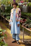 PS Men by Payal Singhal_Peach Dupion Silk Printed Trance Lupin Jacket And Kurta Set 