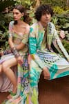 Buy_PS Men by Payal Singhal_Green Dupion Silk Printed Tropical Monet Bundi And Kurta Set  _at_Aza_Fashions