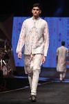 PS Men by Payal Singhal_Grey Silk Mul Printed Ikat Carpet Bundi And Kurta Set _Online_at_Aza_Fashions