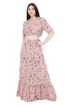 Buy_PS Pret by Payal Singhal_Peach Art Crepe Printed Floral Motifs Crew Neck Forest Skirt Set  _at_Aza_Fashions