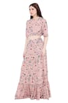 Buy_PS Pret by Payal Singhal_Peach Art Crepe Printed Floral Motifs Crew Neck Forest Skirt Set  _Online_at_Aza_Fashions