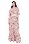 Shop_PS Pret by Payal Singhal_Peach Art Crepe Printed Floral Motifs Crew Neck Forest Skirt Set  _Online_at_Aza_Fashions