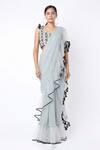 Buy_Payal Singhal_Blue Net Embroidered Mukaish Work U Neck Frill Saree With Choli Set _at_Aza_Fashions