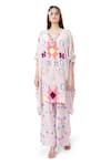 Buy_Payal Singhal_Pink Crepe Printed Ikat Star Motif V Neck Basri Kaftan And Palazzo Set _at_Aza_Fashions