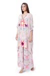 Payal Singhal_Pink Crepe Printed Ikat Star Motif V Neck Basri Kaftan And Palazzo Set _Online_at_Aza_Fashions