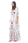 Payal Singhal_White Crepe Printed Ikat Star Motif V Neck Aria Kaftan And Palazzo Set _Online_at_Aza_Fashions