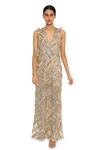 Shop_Payal Singhal_Beige Net Embroidered Geometric V Neck Hamsa Gown _Online_at_Aza_Fashions