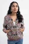 Buy_PS Pret by Payal Singhal_Pink Art Georgette Printed Ikat Motif Band Collar Bomber Jacket _at_Aza_Fashions