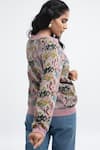 Shop_PS Pret by Payal Singhal_Pink Art Georgette Printed Ikat Motif Band Collar Bomber Jacket _at_Aza_Fashions