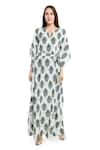 Buy_PS Pret by Payal Singhal_Beige Art Crepe Printed Leaf Motifs Notched Kaftan  _at_Aza_Fashions