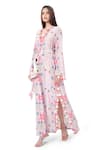 Payal Singhal_Pink Crepe Printed Ikat Star Motif V Neck Kaftan  _Online_at_Aza_Fashions