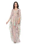 Buy_PS Pret By Payal Singhal_Grey Silkmul Ikat Motifs V Neck Stripe Print Kaftan _at_Aza_Fashions