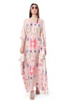 PS Pret by Payal Singhal_Pink Silkmul Printed Ikat Star Motifs V Neck Kaftan _Online_at_Aza_Fashions