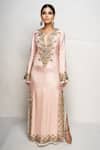 Payal Singhal_Pink Silk Embroidered Plunge Neck Kaftan For Women_Online_at_Aza_Fashions